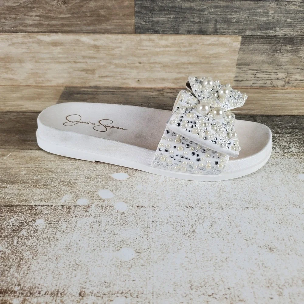 Jessica Simpson Rexinne Womens Slide Sandals Sz 9 M White Rhinestone Slip On